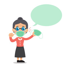 Covid-19 protection concept senior woman wearing protective face mask and speech bubble for design.