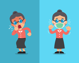 Covid-19 protection concept senior woman coughing and wearing protective face mask for design.