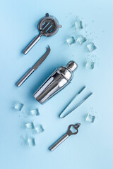 Bar tools and utensils for cocktail - with shaker, strainer and ice