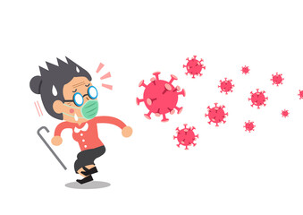 Vector cartoon senior woman wearing protective face mask worried about the virus for design.