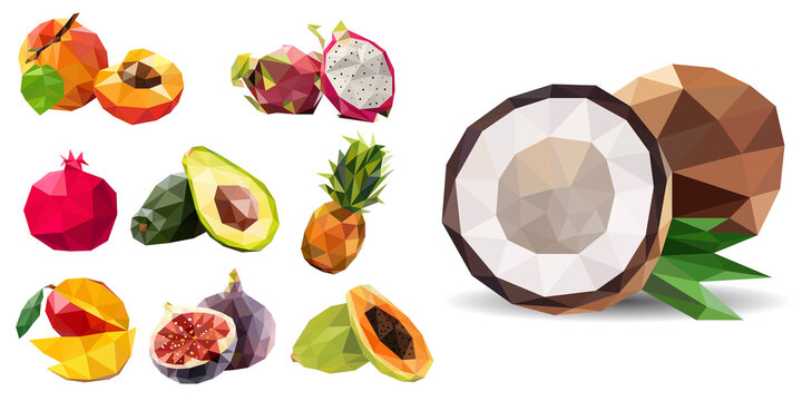 Fruits set. Vector illustration in low poly style. Collection of exotic isolated polygonal illustrations: a coconut, an apricot, a pitahaya, a fig, a mango, a pomegranate, a pineapple, an avocado.