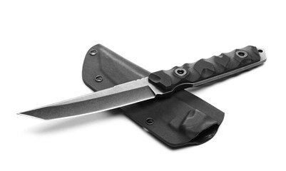 Black military knife with sheath, cover isolated on white background