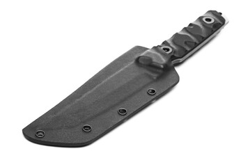 Black military knife with sheath, cover isolated on white background