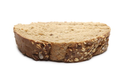 Black rye bread slice with seeds isolated on white background