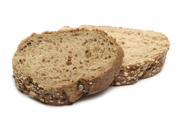 Black rye bread slices with seeds isolated on white background