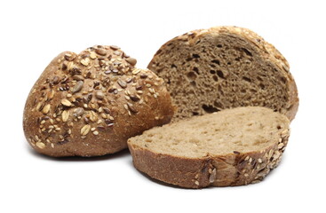 Black rye bread slices with seeds isolated on white background
