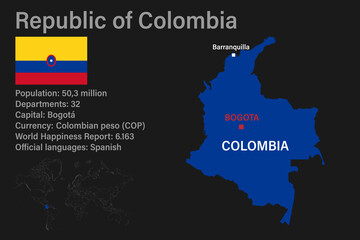 Highly detailed Colombia map with flag, capital and small map of the world