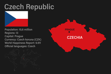 Highly detailed Czechia map with flag, capital and small map of the world