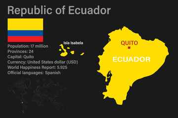 Highly detailed Ecuador map with flag, capital and small map of the world