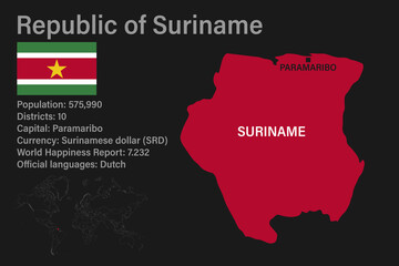 Highly detailed suriname map with flag, capital and small map of the world