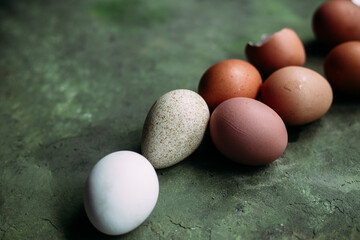 Brown and white chicken eggs on olive background