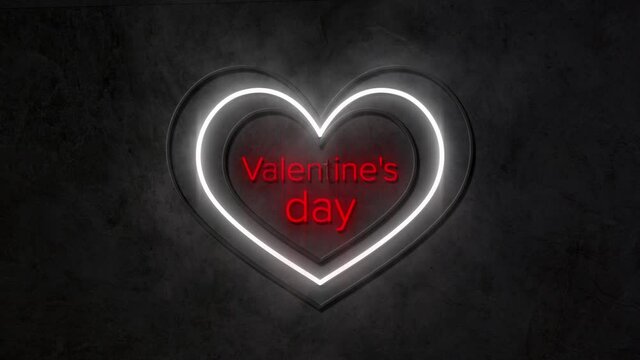 Animation of valentines day in red with white and yellow concentric neon hearts flashing on dark bac