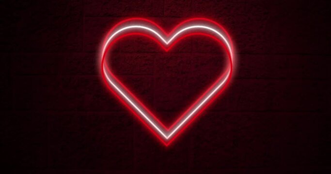Animation of red and white neon hearts flashing on dark brick wall