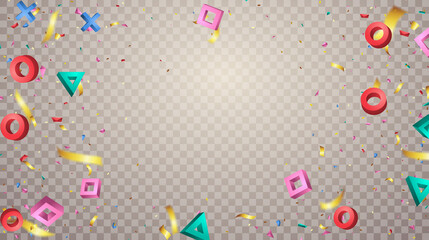 Geometric particles and serpentine on a transparent background, in the center of the composition is a place for your ideas. Vector illustration.