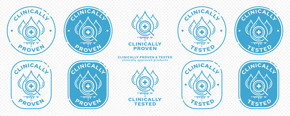 Concept - Clinically proven. Drop test with a magnifying glass is a symbol of clinical examination. Vector set