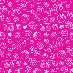 Cute crimson summer seamless pattern with doodle style illustrations. Simple design. Berry and floral elements. Perfect decoration for textiles, gift paper and other printed products. 