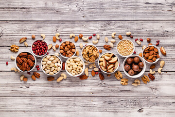 Various Nuts in bowls.