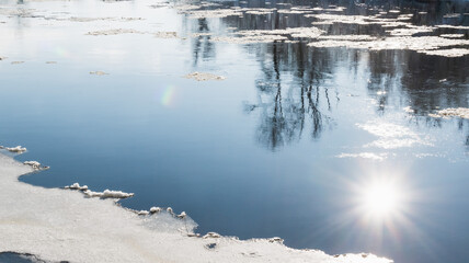 Spring ice melting on the river