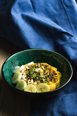 Pumpkin and banana smoothie for the breakfast. Raw food for health. Vegan cooking recipes. Restaurant photography