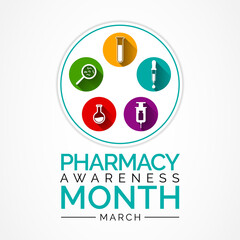 Pharmacy awareness month held in March of each year,  is a time to recognize the multiple roles of the pharmacist. vector illustration.