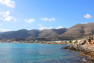 View of the coast of Crete, blue sky and clouds. Greece.