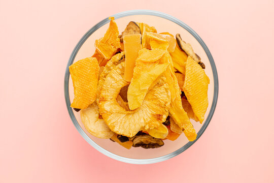 Glass Bowl With Assorted Vegan Jerky On Pink Background, Top View