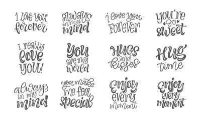 Obraz premium Love and romantic lettering. Happy Valentine's Day vector illustrations. Set of calligraphic phrases, words and slogans for greeting card, prints or social media design. Unique handwritten elements