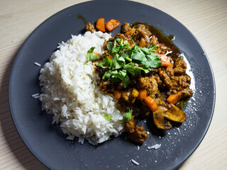 Minced meat stir fry with steam rice.