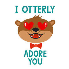 Vector card with cartoon otter with lettering for Valentines Day.