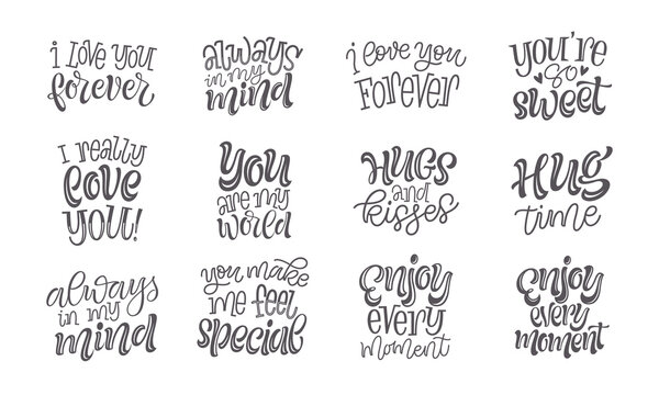 Love and romantic lettering. Happy Valentine's Day vector illustrations. Set of calligraphic phrases, words and slogans for greeting card, prints or social media design. Unique handwritten elements