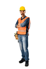 Full length image of a self-confident carpenter with moustache isolated on white background
