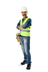 Self-confident carpenter with moustache isolated on white background
