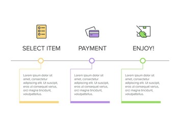 Concept of shopping process with 3 successive steps. Three colorful graphic elements. Timeline design for brochure, presentation, web site. Infographic design layout.