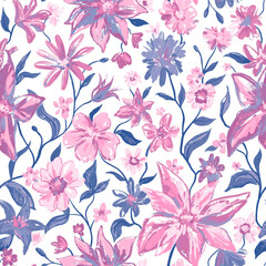 Floral botanical seamless pattern with colorful flowers and leaves in pink grey colors. Feminine colorful cute hand drawn illustration on white. Texture for print, fabric, textile, wallpaper.