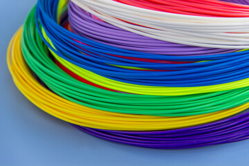 Kit colored PLA and ABS plastic filament for 3D printer and pen. Hobby for children. Close-up.