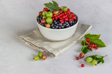 Ceramic  bowl of various fresh organic summer berries. Blueberries, red currants, gooseberries. Healthy or diet food concept. Harvesting a new crop.