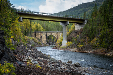 Fototapeta premium Bridges on mountains river in Norway.