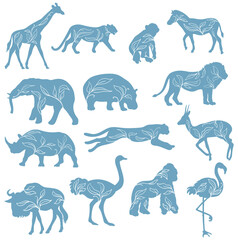 Silhouettes of African animals with decorative plants isolated on white background. Vector.