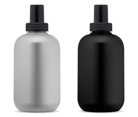 Shampoo bottle. Black, white cosmetic package blank. Shower gel bottles vector design. Plastic container mock up blank for liquid cosmetic soap. Beauty product tubular packaging, bathroon hygiene