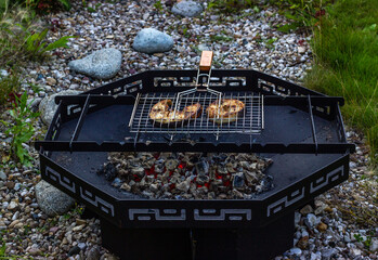 Grilled fish steak. Cooking on the grill,  metal fire bowl on the coals in the open air. Barbeque in the garden