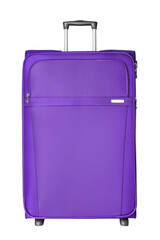 Purple fabric travel suitcase with zipper, handle, lock white background isolated closeup front view, large blue cloth baggage case, big textile luggage trolley bag, summer holidays, tourism, vacation