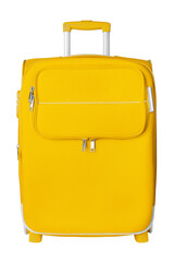 Yellow fabric travel suitcase with zipper, handle and lock white background isolated close up front view, large cloth baggage case, big textile luggage trolley bag, summer holidays, tourism, vacation