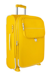 Yellow fabric travel suitcase with zipper, handle and lock white background isolated close up side view, large cloth baggage case, big textile luggage trolley bag, summer holidays, tourism, vacation