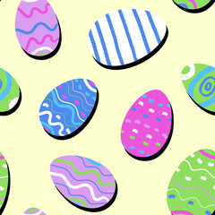 Cute Easter seamless pattern in pop art style. Various decorated colorful eggs with texture and shadows. 