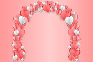 Arch from paper origami hearts,Valentine's day ,womens day background .Paper elements in shape of heart .Valentines ,wedding celebration greeting card decorated with 3d hearts .Vector in EPS10