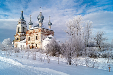 Church Cristmas Virgin maries in Troickom Tatarove in winter in Russia