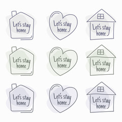 Obraz premium Stay home lettering icons with house contour silhouette. Vector illustration.
