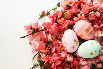 Easter card mockup. Easter eggs, spring flowers  and willow twigs 