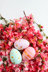 Easter card mockup. Easter eggs, spring flowers  and willow twigs 