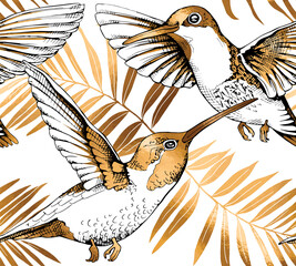 Seamless pattern. Gold Exotic fern flowers and hummingbirds on a white background. Textile composition, hand drawn style print. Vector illustration.